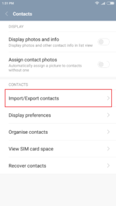export contacts settings on android