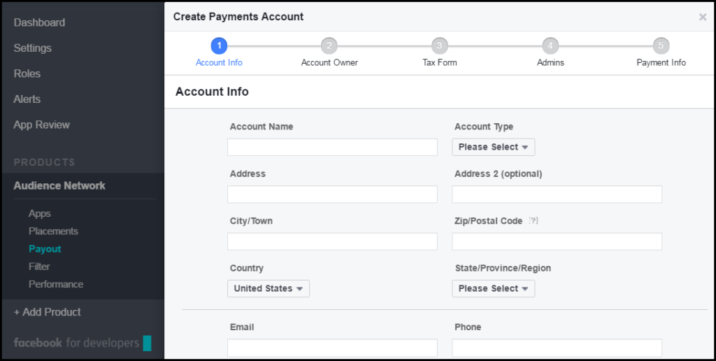 setup payout for facebook audience network